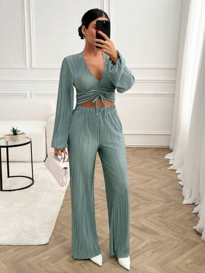 SHEIN Tall Tall Size Woman Pleated Texture Fabric Casual 2 Pieces Outfits Balloon Sleeve Front Tie Detailed Top And Wide Leg Bottom