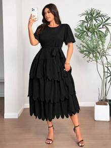 Celure Plus Size Women Puff Sleeve Ruffle Hem Tie-Waist Solid Color Long Dress, Vacation Style, Romantic,Elegant,Wedding Dress