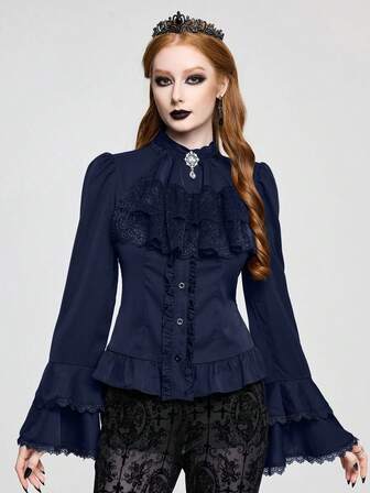 Goth Blusa de mujer con volantes de campana, cintura ceñida, colgante de Barroco con strass, cuello desmontable con volantes estilo gótico vintage, Halloween