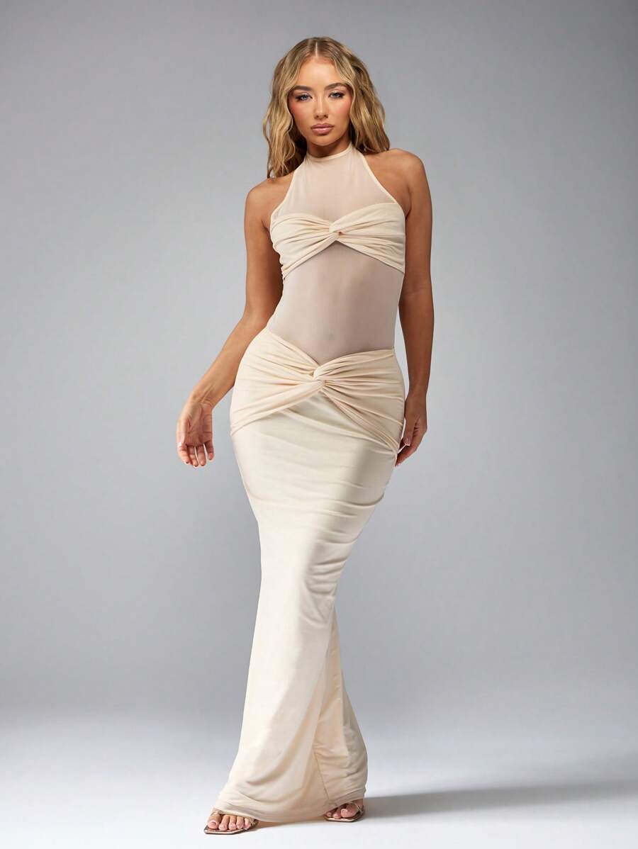 MISSGUIDED Halter Neck Evening Gown Twisted Front Detail Fishtail Maxi Dress Floor Length Special Occasion Wedding Guest Glamorous Party Formal Gown - Apricot - View 1