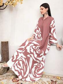 Seusyu Women Floral Print Long Sleeve Hooded Casual Arabian Dress,Modest - Pink - View 7