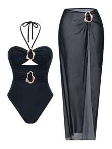 Swim Chiccia 2 pezzi Completo da spiaggia estivo per donna, costume da bagno monopezzi con decorazione in metallo e cinturino rimovibile, e abito lungo con spacco laterale in rete