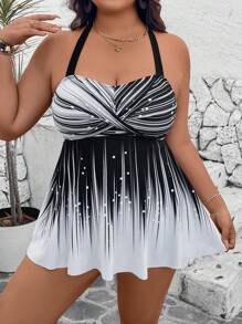 Swim Lushoire Plus Size 2pcs Set, Crop Top With Graphic Print & High Waist Solid Shorts With Side Drawstring, Spaghetti Strap Cami Strap Backless Criss Cross Slimming Casual Tankini