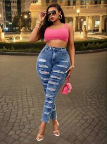 SHEIN SXY Plus Size Women Stretchy Sexy Ripped Skinny Jeans