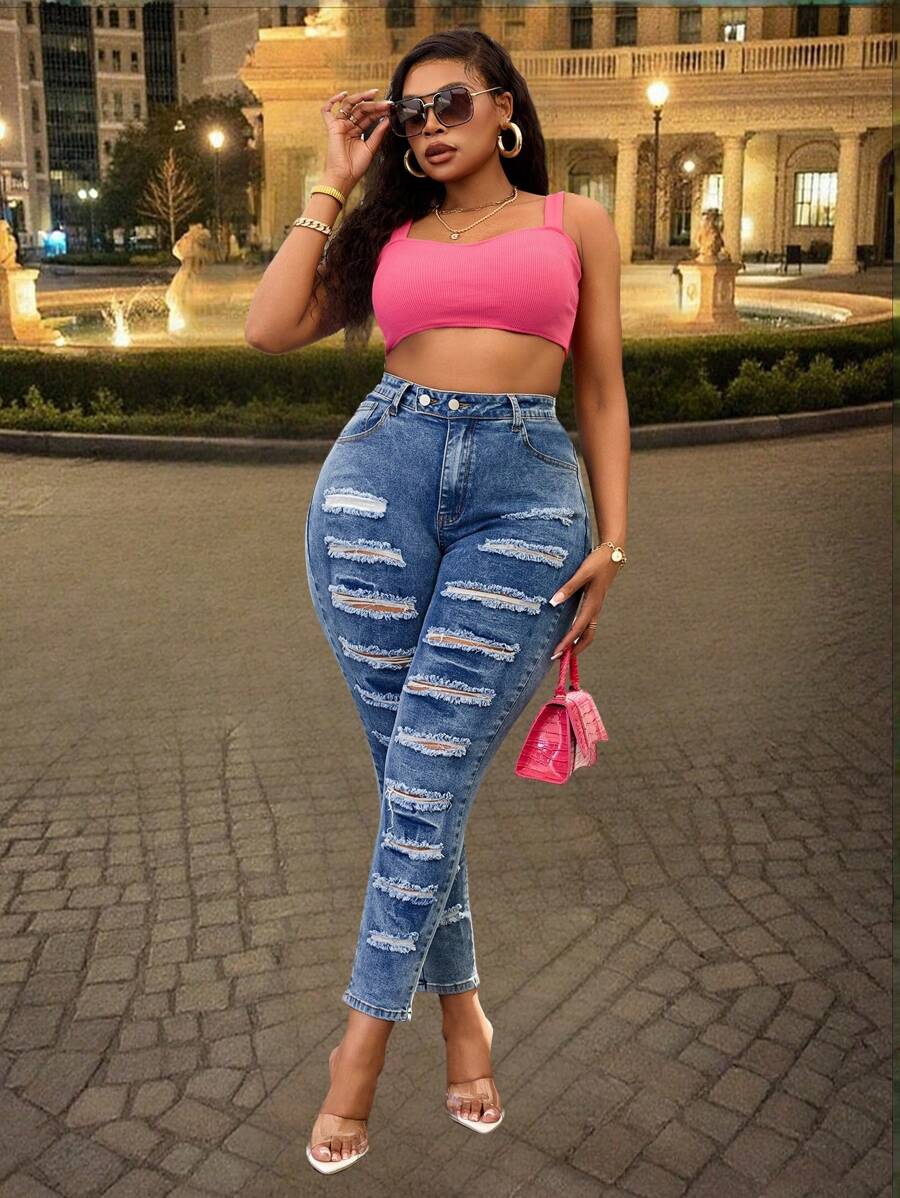 SHEIN SXY Plus Size Women Stretchy Sexy Ripped Skinny Jeans