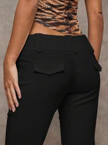 SHEIN BAE Women Plain Color Casual/Fashionable Outing/Versatile Casual/Old Money Style Patch Pocket Wide Waistband Simple Commute Office Low-Waist Loose Wide Leg Pants, Autumn/Winter Women Pants, Pants, Women's Dress Pants, Work Wear, Vintage Style Leopard Print