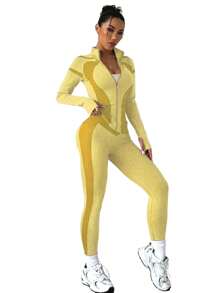 SHEIN Sport Studio Women's Contrast Color Long Sleeve Zipper Jacket And Pants Sports Suit Women Outfit Sets