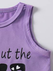 2pcs Baby Girls Fashion Crew Neck Letter & Heart Print Tank Top + Sequins Denim Effect Pants Casual Set, Summer'