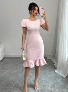 Elenzga Vestido elegante con cuello redondo, mangas abullonadas, volantes y cintura adornada con cuentas para mujeres de talla estándar