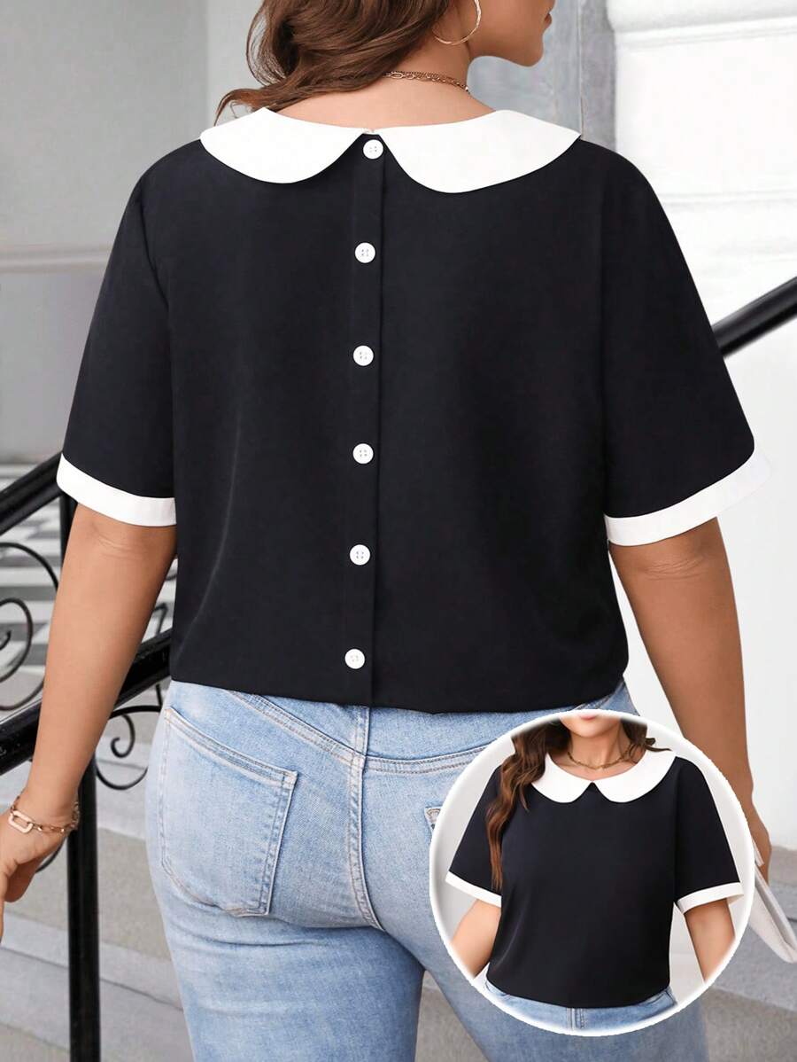 SHEIN LUNE Women's Versatile Slimming Color Block Peter Pan Collar Cuff Splicing Back Button Decor Detailed Short Sleeve Shirt - Black - View 1