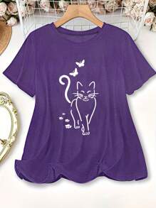 SHEIN LUNE Áo thun cổ tròn tay ngắn in hình mèo và bướm dễ thương cỡ lớn cho nữ, áo mùa hè - Màu tím - Xem 1