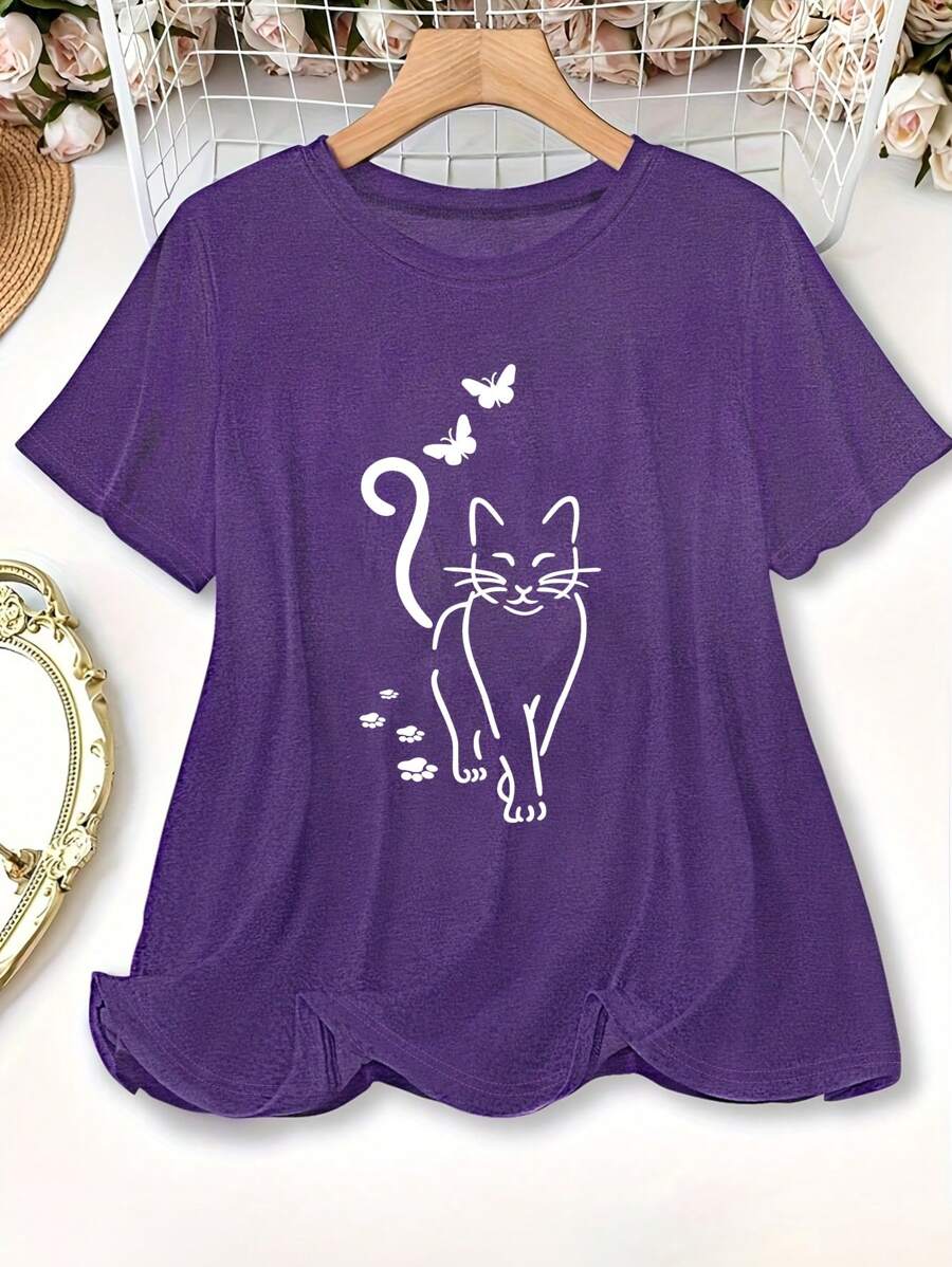 SHEIN LUNE Áo thun cổ tròn tay ngắn in hình mèo và bướm dễ thương cỡ lớn cho nữ, áo mùa hè - Màu tím - Xem 1