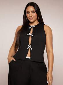 SHEIN BAE Plus Size Women Sleeveless Mesh Crisscross Bow Backless Vest Summer Top, Suitable For Daily Commute, Vacation, Summer Holiday, Graduation, Birthday, Mother's Day