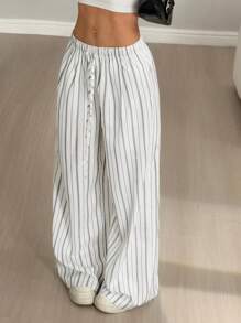 SHEIN Unity Pantalones casuales rectos y holgados de lino con rayas para mujer - Multicolor - Ver 6