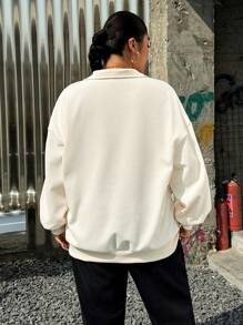 CovetEZ Plus Size Casual Loose Pullover With Half-Zip And Knight Graphic, Lightweight Spring/Summer - Beige - View 2