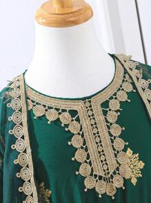 2pcs Young Girls Outfit, Includes Metallic Print Ditsy Floral Jacket And Long Sleeve Dress Set, Elegant For Spring/Summer - Dark Green - View 5