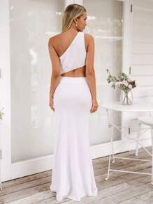 SHEIN VCAY 单肩镂空腰身鱼尾下摆连衣裙，女士度假装，度假背心裙，海滩度假装，热带度假女装，女士夏装，背心裙，连衣裙，女士白色连衣裙优雅，女士优雅连衣裙，适合派对，约会，下午茶，夏季穿着，海滩度假，音乐节 - 白色 - 查看 2