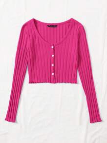 SHEIN EZwear Buttoned Front Lettuce Trim Rib-knit Top - Hot Pink - View 3