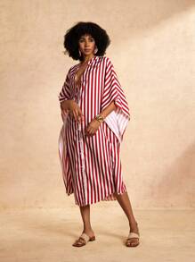 Slaydiva Vacation Casual Loose Long Design Red And White Striped Shirt Women's Dress-M - Red and White - View 4