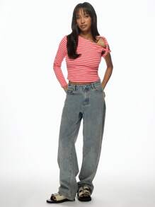 MISSGUIDED Blusa de manga larga con detalle de giro, de un hombro asimétrico a rayas, de uso casual de verano, esencial de primavera, ropa de oficina básica para uso diario