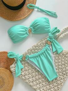 SHEIN Swim Springbreak Beach Vacation Minimalist Solid Color Shiny Material Flattering Bust, Metal Decor Top And Waist Tie Side Bottom 2 Pieces Bikini Set, Beach Clothes For Summer