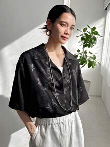 FRIFUL Áo sơ mi đen in hoa cỡ lớn cho nữ, áo mùa hè - màu đen - Xem 5