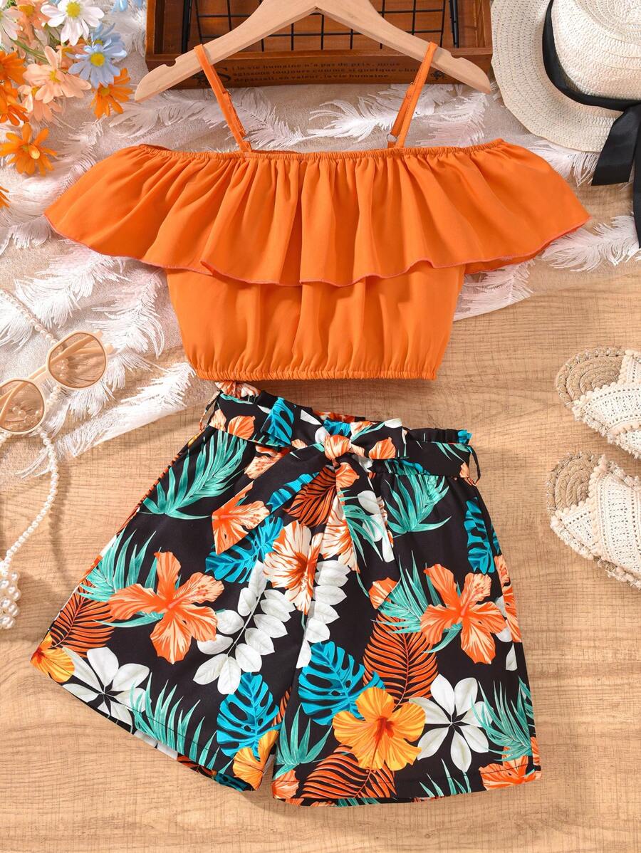 2pcs Tween Girls Orange Off Shoulder Cropped Cami Top & Colorful Tropical Leaf Printed Matching Set, Spring/Summer Holiday