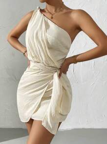 SHEIN Belle Vestido unicolor de un hombro con nudo - Albaricoque - Ver 3