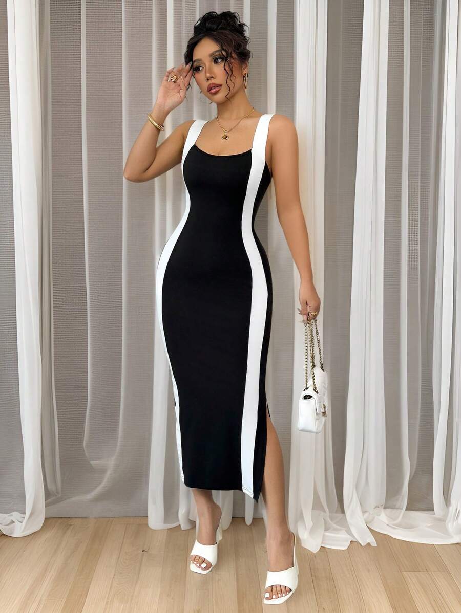 EMERY ROSE Women's Elegant Commuter Casual Black & White Color Block Mid-Length Slip Dress, Spring/Summer - Black - View 1