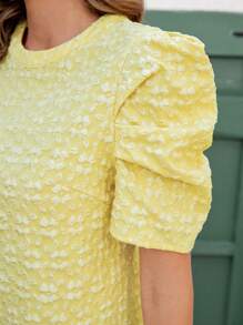 Ellevyn Women's Elegant Textured Floral Jacquard Gigot Sleeve Loose Short Dress - Yellow - View 7