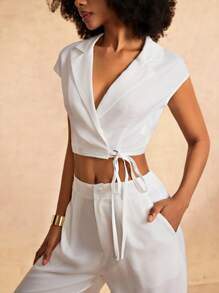 Slaydiva Nouveau costume 2 pièces pour le printemps/été, un top à manches courtes avec col châle blanc minimaliste et pratique, avec cordon de serrage à la taille, et un pantalon long décontracté avec poches - Blanc - Voir 5