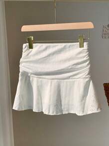 Comfortcana Minifalda a línea A con textura perforada y fruncido en color blanco - Blanco - Ver 6