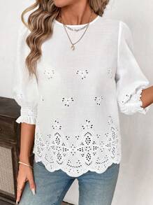 SHEIN Clasi Camisas casuales de mujer de unicolor con cuello redondo, manga media y bordado, aptas para Pascua, estilo bohemio, conciertos, Día de San Patricio, festivales rave, descanso de primavera, verano, playa, conciertos de country, vacaciones casuales, mujeres de estilo country