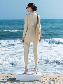 Swim Shayni 3pcs/Set Women Solid Color High Neck Long Sleeve Jumpsuit + Pants + Pleated Floral Beach Skirt For Modest Beach Vacation, Suitable For Spring Break, Boho Festival Arabic Clothing - Beige - View 2