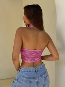 Aloruh Women's Solid Metallic Sleeveless Halter Tank Top - Pink - View 2