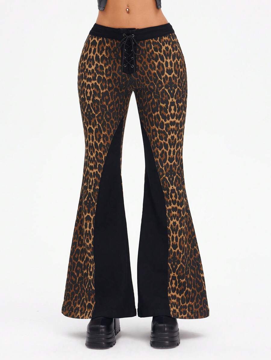 SHEIN ICON Women's Simple Leopard Print Panel Lace-Up Flare Leg Casual Jeans - Multicolor - View 1