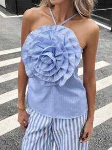 SHEIN Essnce 女式条纹花卉 3D 装饰休闲挂脖背心