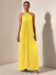 Zivah Beach Spring And Summer Casual Vacation Light Vacation Daily Dating Halterneck Sleeveless Pleated A-Hem Loose Maxi Skirt Dark Green Women's Maxi Dress-A,Sun Dress