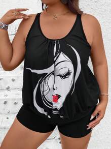 SHEIN Swim Lushore Plus Size Vacation Casual Face Print Halter Bikini Top - Black and White - View 5