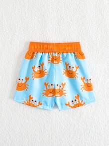 Baby Boys Cartoon Print Contrasting Colors Swim Trunks, Elastic Waist Drawstring Beach Shorts - Multicolor - View 2