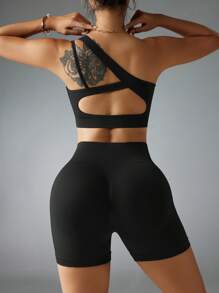 Easithlete 1 件纯色露背运动服套装 - 上衣和短裤套装 女士健身套装 - 黑色 - 查看 3