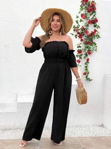 SHEIN Clasi Mono informal de talla grande para vacaciones con hombros descubiertos, unicolor y volantes en la cintura - Negro - Ver 3