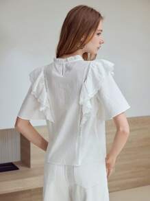 MOTF STUDIO FLORAL EMBROIDERY RUFFLE TRIM BLOUSE - Beige - View 7