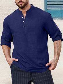 Manfinity Homme Loose Fit Men's Half Button Roll Tab Sleeve Shirt Casual Shirts For Men Men Clothes Men Shirts Men Clothes Men Shirts Casual Men Shirt - Navy Blue - View 3