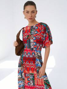 Aveloria Modichic 随机印花圆领泡泡袖腰部收褶长款女式连衣裙 - 彩色 - 查看 4