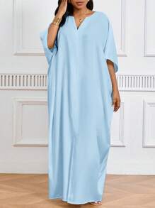 SHEIN Lady 节日连衣裙大码短袖女士长袍宽松垂坠节日新娘送礼会礼服海滩女士高腰修身长裙 - 淺藍色 - 查看 4