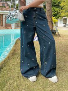 SHEIN MOD Plus Size Dark Blue Jeans Casual Fit Straight Trousers Small Floral Pattern Romantic Spring And Summer Jeans