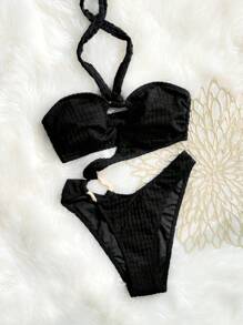 Swim SXY Springbreak 纯色特殊材质吊带金属装饰简约高腰连体泳衣 - 黑色 - 查看 6