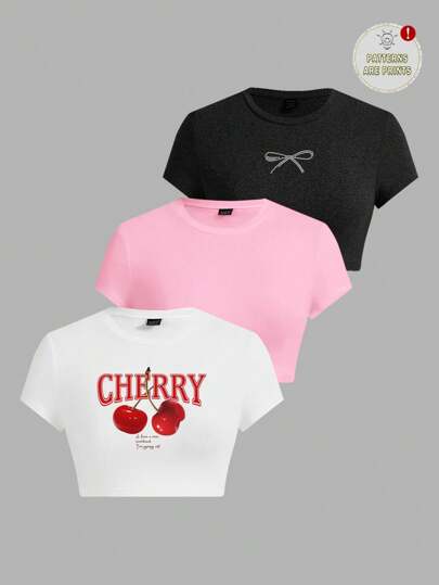 SHEIN EZwear 3pcs/Set Cherry Graphic Bow Decor Crew Neck Short Sleeve Tight Crop Top T-Shirt, Suitable For Summer