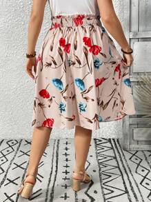 SHEIN LUNE Plus Size Women Elastic Waist Front Button Floral Print Knee-Length Skirt - Khaki - View 2